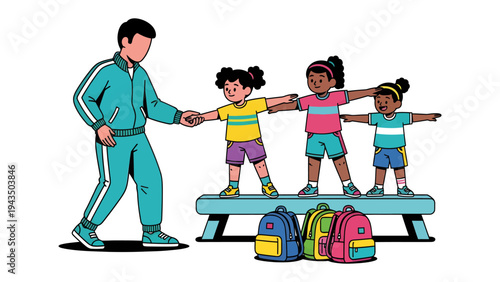 Kid Exercise Training: A dedicated trainer guides a group of young children through a fun and invigorating exercise routine, fostering their physical development and promoting healthy habits.