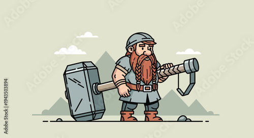 Cartoon Dwarf Character with Hammer and Pickaxe.