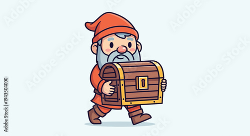 Cartoon Gnome Carrying Wooden Treasure Chest.