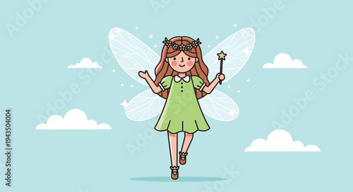 Cartoon Fairy with Green Dress and Wand.