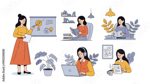 Education and Lifestyle: A collection of illustrations showcasing various facets of a young woman's educational and lifestyle journey, from presentations and reading to working and relaxation.