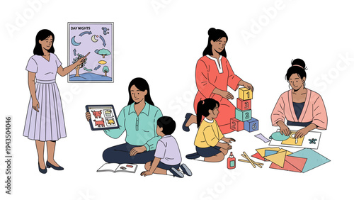 Empowering Education: A nurturing setting of interactive learning, as dedicated teachers guide young learners with diverse learning activities, fostering growth and creativity.