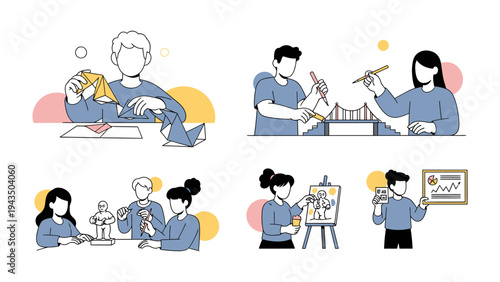 Creative Pursuits: A collection of illustrations showcasing various artistic and creative activities. A scene of people engrossed in creative endeavors.