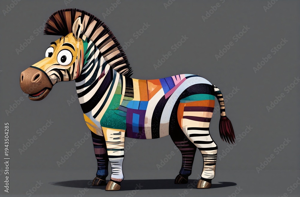 Fototapeta premium Colorful zebra with playful expression stands against gray background