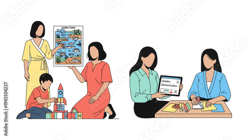 Moments of Guidance: Two instances of nurturing education, a tutor introduces an idea to child with picture and another one teaching kid with writing tool.