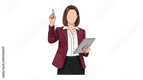 Inspired Business Leader's Vision: A confident business leader, dressed in smart business attire, points upward with insight and purpose, showcasing a tablet for the future. 