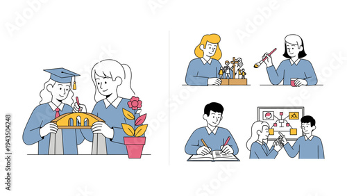 Educational Exploration: A colorful illustration showcasing diverse students engrossed in creative endeavors, from architectural designs to artistic expression, and brainstorming sessions.