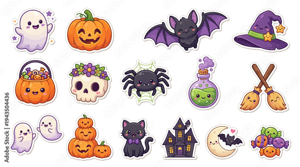 Obraz premium Halloween Cartoon Sticker Pack – Spooky Cute Character Vector Set