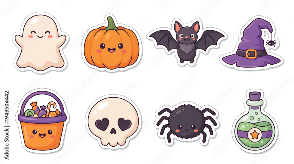 Fototapeta premium Cute Halloween Stickers – Ghost Pumpkin Holiday Icon Collection