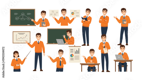 Business Presentation and Training Illustrations: A collection of illustrations showcasing business professionals delivering presentations and engaging in training activities.