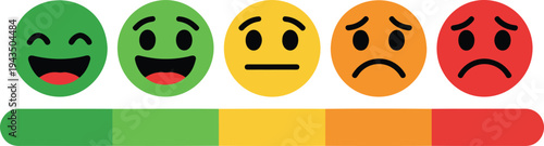 colorful expressive emoji faces with a progress bar for customer satisfaction rating and feedback survey concepts.