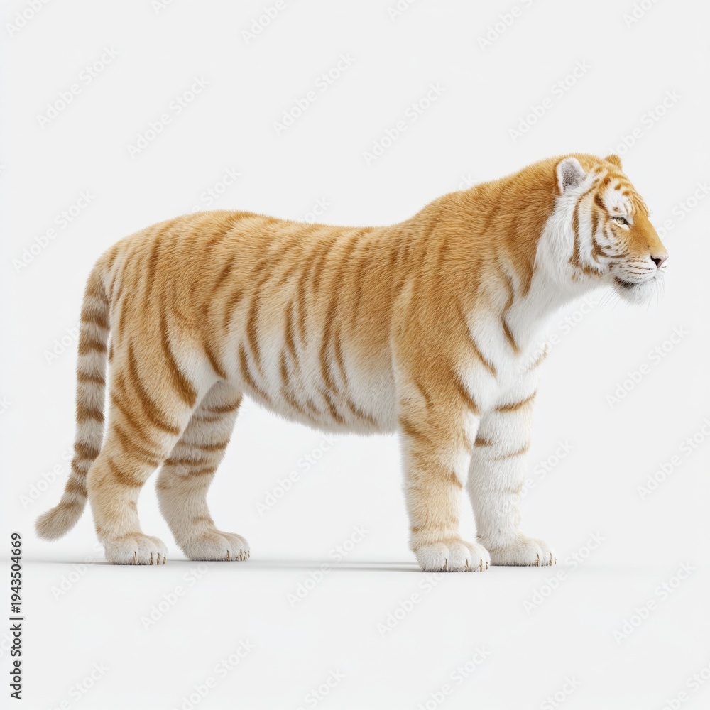 Obraz premium Realistic 3D Model of a Striped Tiger Standing Proudly on a White Background for Nature and Wildlife Themes