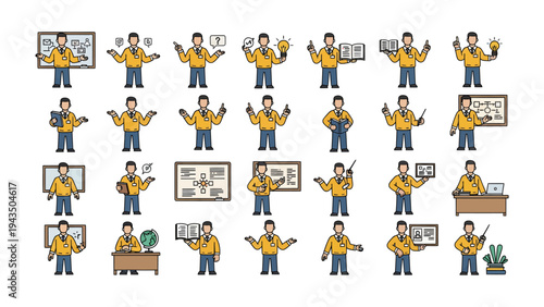 Set of Instructor in Action: A collection of instructional illustrations showcasing a mentor, educator or instructor, ready to teach with various tools.