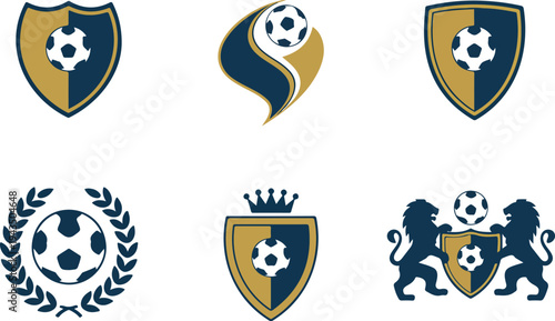 professional soccer team crests and football logos featuring balls shields lions and crowns for sports branding.
