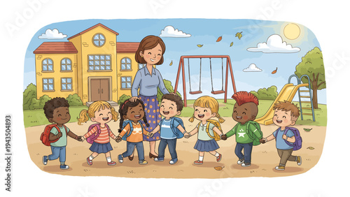 Kindergarten Embrace: A friendly teacher and a diverse group of young students form a united chain, embarking on an exciting journey filled with learning and friendship.