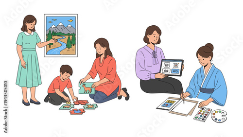 Artistic Family Moments: This illustration captures a family's shared moments of artistic expression, showing diverse creative activities like puzzles, painting, and digital art