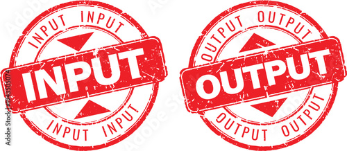 Red grunge rubber stamp icons for input and output data processing and logistics flow management