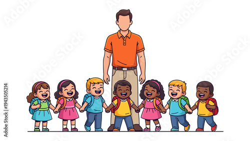 School Embrace: A teacher stands proudly with a line of happy children, united in a shared sense of joy. The illustration captures a moment of connection and togetherness.