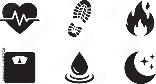 UX/UI Health and Fitness App Wireframe Symbols and Activity Tracking Prototyping Elements Solid Black Vector Silhouette Icon Set