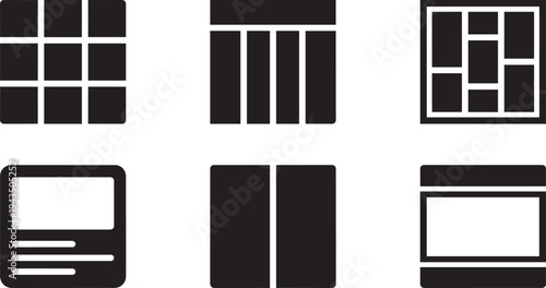 UX/UI Layout Grid Icons and Website Structure Prototyping Symbols Vector Silhouette Set