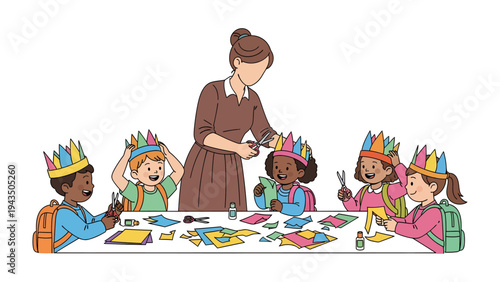 Creative Learning: A teacher guides a group of young children as they engage in a craft project, fostering creativity and joyful self-expression in a nurturing environment.