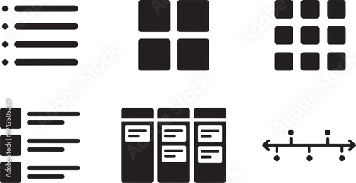 UX/UI List and Grid View Toggle Symbols Layout Switcher Prototyping Elements Solid Black Vector Silhouette Icon Set