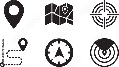 UX/UI Map and Location Prototyping Symbols and GPS Navigation Elements Solid Black Vector Silhouette Icon Set