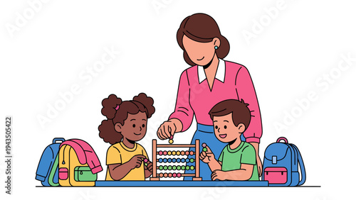 Education time for children : A classroom scene with a teacher is guiding two young children using an abacus for learning. A delightful illustration that showcases the spirit of teaching and learning