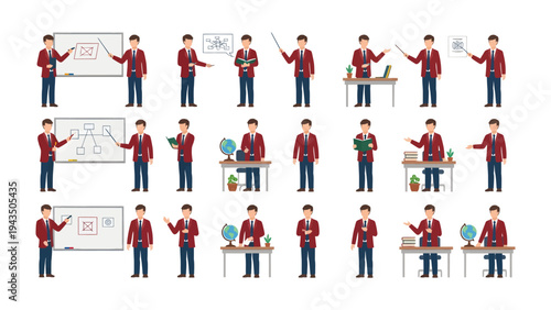 Academic Poses: A professor is in various poses, some are presenting, while some are in deep thought with different objects. 