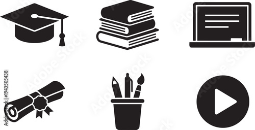 Education and E-learning App Wireframe Symbols UX UI Prototyping Elements Solid Black Vector Silhouette Icon Set