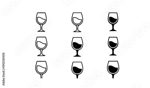 Minimal wineglass icon set with line outline and solid silhouette styles for beverage and restaurant design