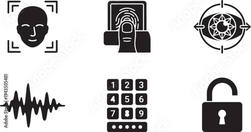 UX/UI Biometric Authentication and Security Interface Symbols Solid Black Vector Silhouette Icon Set for Prototyping