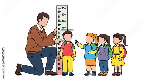 Measuring the Height: A teacher measures the height of a student in front of a height chart as other students look on, illustrating the concept of growth and development in a classroom setting.