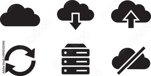 UX/UI Cloud Storage and Data Synchronization Symbols Solid Black Vector Silhouette Icon Set for Prototyping and App Design