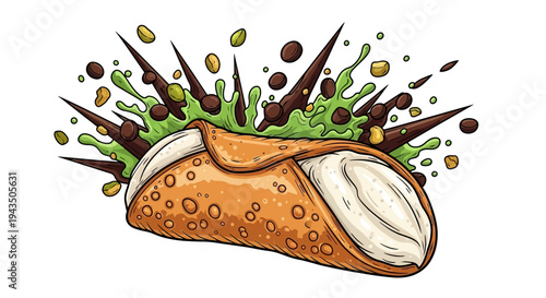 A vibrant illustration of a delicious burrito exploding with green sauce and nuts.