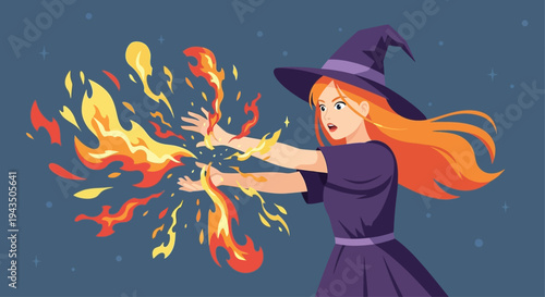 Witch Casting Magic Spell with Fire.