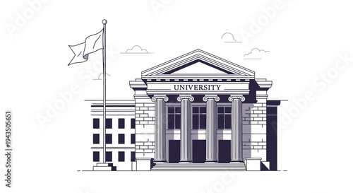 University Building Illustration with Flagpole.
