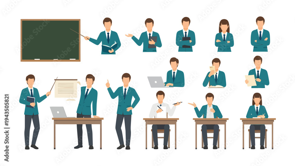Fototapeta premium Diverse Educator Poses: A curated set of educators and teacher illustrations in various dynamic stances, designed for educational content and resources.