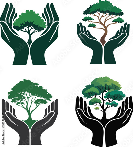 Four tree logos with hands cradling them in a supportive and eco friendly design