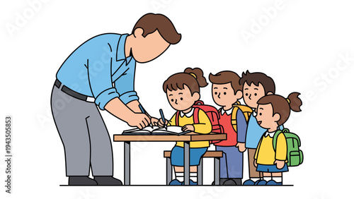 School Lesson: A teacher guides a student during a lesson at school, with other students waiting their turn. This scene captures the essence of education and the learning process.