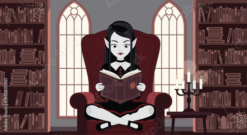 Woman Reading Book in Armchair Library.