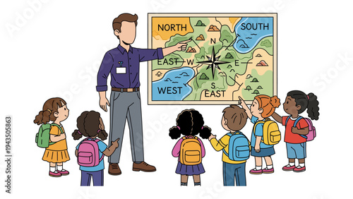 School Time Adventure: A teacher guides a group of enthusiastic young learners through a captivating map lesson, sparking curiosity and igniting the spirit of exploration.
