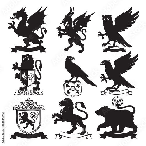 Heraldic animals set on coat of arms with shields and crests depicted.
