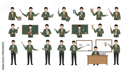 Teacher's Multitask: A teacher, embodying knowledge and guidance, depicted in various poses with diverse tools, and props representing the essence of education and the pursuit of knowledge.