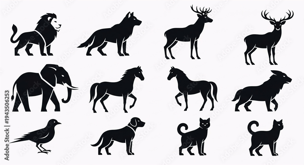 Fototapeta premium Domestic and Wild Animal Silhouette Vector Icon Set