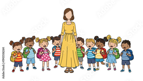 Nurturing the Future: A dedicated teacher guides a diverse group of young students, ready to embark on a journey of learning.