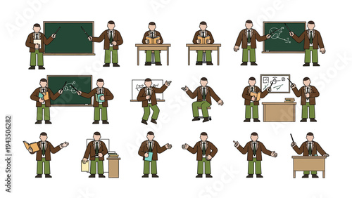 Teaching Pose Set: A collection of various poses illustrates an educator in their element, demonstrating engaging classroom activities with a chalkboard, book, and desk.
