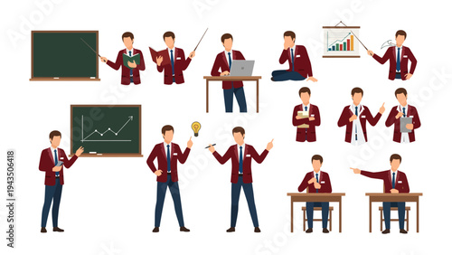 Teacher and Presentation: A collection of illustrations showcasing a teacher in various poses and actions related to teaching and presentations, emphasizing communication, education and sharing ideas.