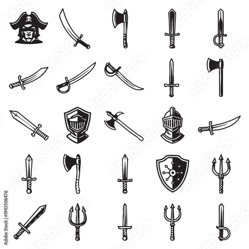 Vintage icons of swords, blades, and axes on display.
