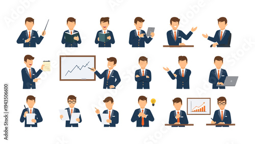 Business Presentation Set: A comprehensive collection of professional illustrations featuring a businessman in various poses, designed to enhance business presentations.